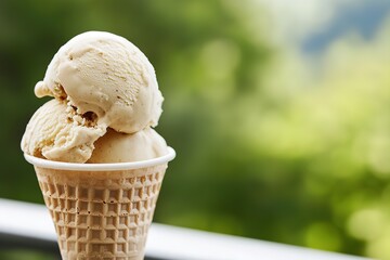 Enjoying creamy vanilla ice cream in a cone on a warm day surrounded by nature's greenery