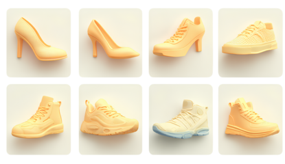  a set of icons featuring various shoes, such as high heels and sports sneakers.