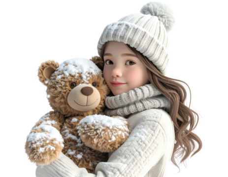 Charming young girl in a white winter outfit holding a snowy teddy bear.