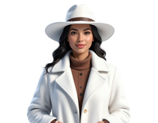 Portrait of a stylish woman wearing a white coat and hat.