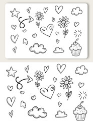 Whimsical doodles celebrating love and joy with cupcakes flowers and stars in a playful hand drawn vector illustration 
