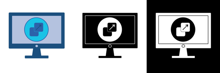 Vector illustration of a computer monitor with an expand or resize window symbol. Represents user interface, digital workspace, and online application design.