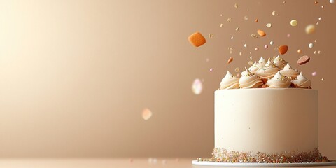 Celebration cake with colorful toppings flying in the air, set against a soft background in a vibrant dessert scene