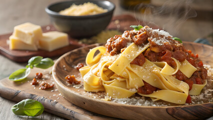 Fototapeta premium Tagliatelle al Ragu alla Bolognese Italian Pasta with Meat Sauce and Parmesan