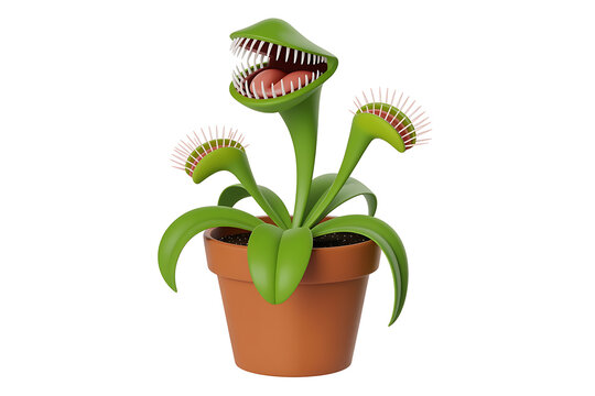 A vibrant green venus flytrap sits in a terracotta pot, displaying its menacing jaws.
