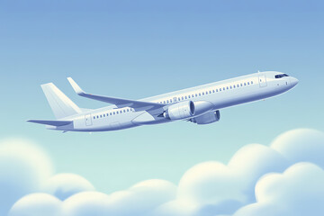 Obraz premium White passenger airplane soars high above fluffy clouds against a clear blue sky.