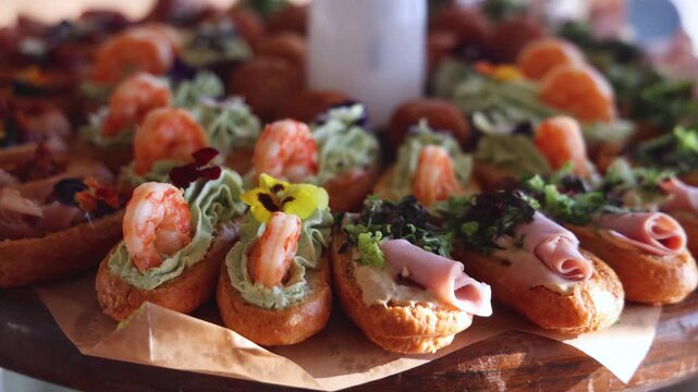 Beautifully decorated banquet catering table, with variety of with different food snacks appetizers on corporate birthday party event or wedding celebration, canape, salad, delicatessen setting