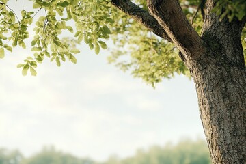 Green leaves sway gently on a tree branch in a peaceful natural setting during the early hours of the day