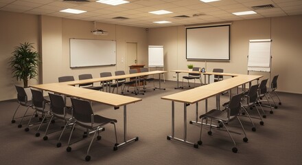A well-lit, modern conference room features a U-shaped table with chairs, whiteboards, a projector, and a large projection screen.