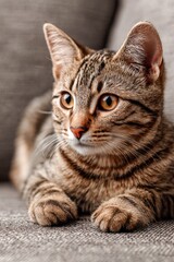Naklejka premium Cat resting comfortably on a sofa during sunny afternoon