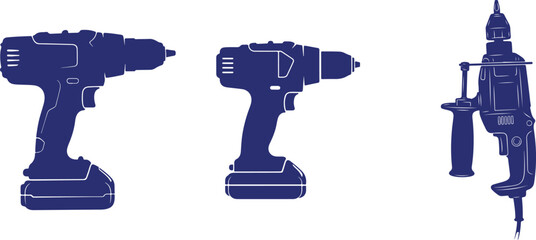 Blue Silhouettes Of Three Different Cordless Power Drills cordless drill electric drill