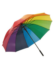 Open rainbow colored umbrella against a transparent background black background with visible ribs