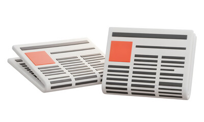 Stack of open newspapers showing articles and headlines with red blocks isolated on transparent background