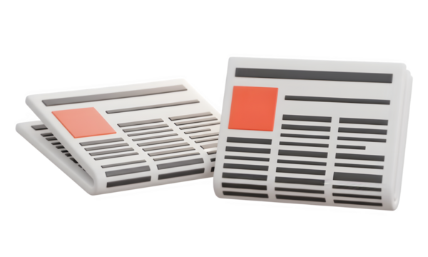 Stack of open newspapers showing articles and headlines with red blocks isolated on transparent background