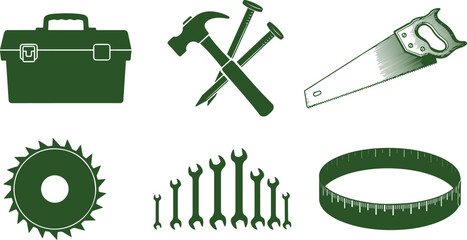Dark Green Woodworking and Construction Tool Icons Keywords: woodworking, tools, toolbox, hammer, nails, saw, handsaw, circular saw