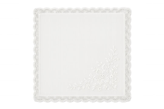 White handkerchief with delicate lace trim and elegant floral embroidery, isolated on transparent background