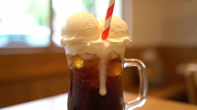 Root Beer Float with Straw - A close-up shot showcases a refreshing root beer float in a glass mug, topped with two scoops of vanilla ice cream.