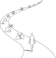 A solitary figure walks along a winding path marked by abstract symbols representing obstacles and milestones on life s journey