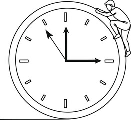 Determined person climbing up a large clock face symbolizing the struggle against time and the pursuit of goals