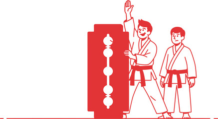 Martial arts student confidently raises hand near a giant razor blade while another student looks worried