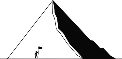 Silhouette of a determined person holding a flag at the base of a towering mountain peak symbolizing achievement and ambition