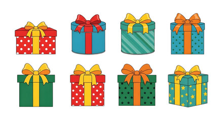 Set of Colorful Gift Boxes with Ribbons and Bows — Festive Presents for Birthday, Christmas, or Celebration Decoration Isolated