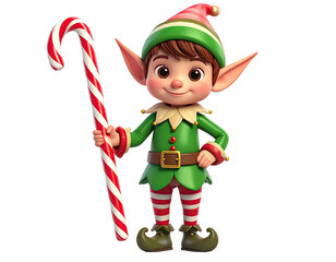 Charming Christmas elf character holding a large candy cane.
