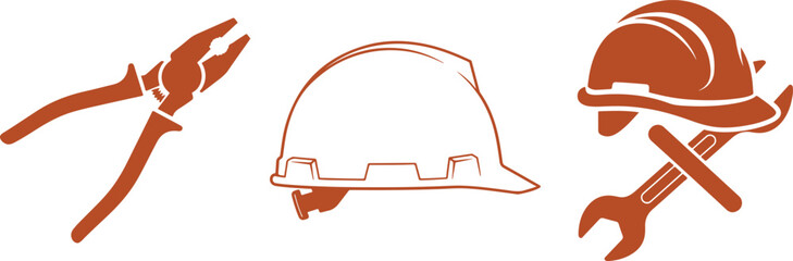 Orange Pliers Hard Hat Construction Tools Icons Isolated On White helmet wrench