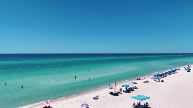 Aerial landscape of white sand beach resort on summer day in Panama City Beach Florida panhandle