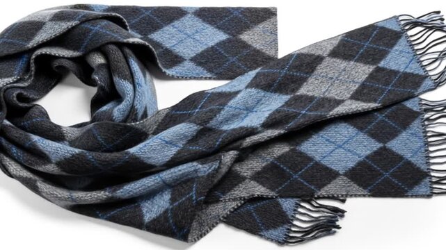 Soft, blue and grey argyle patterned scarf with fringed edges