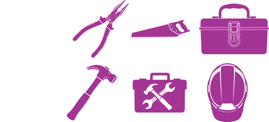 Purple Construction and Repair Tools and Safety Gear Icons toolbox hard hat