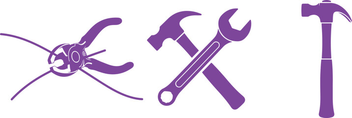 Purple Icons Of Pliers Hammer Wrench And Hammer On White Keywords: pliers, hammer, wrench, tools, construction, repair, building