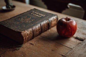 Aged book with ornate cover and a red apple rest on a rustic wooden table
