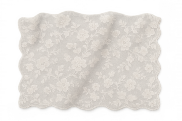White lace textile with elegant floral embroidery pattern, delicate fabric swatch featuring decorative scalloped edge, transparent background