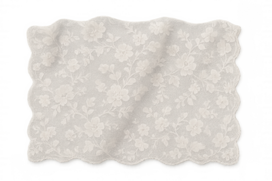 White lace textile with elegant floral embroidery pattern, delicate fabric swatch featuring decorative scalloped edge, transparent background