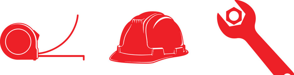 Red Construction Tools And Safety Equipment Icons Including Tape Measure Hard Hat Wrench measuring