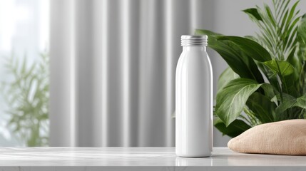 Exclusive photo of white bottle with silver cap on a marble surface with plant.