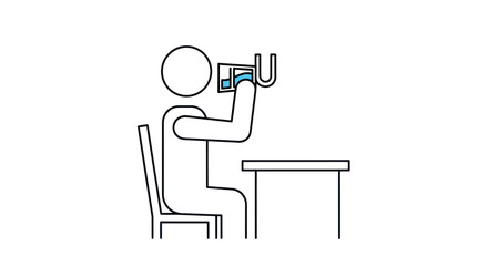 Simple Line Drawing of a Person Drinking from a Cup at a Table.