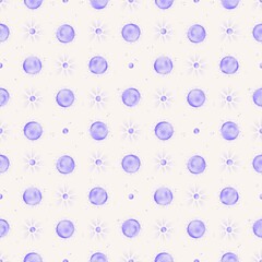 Dreamy seamless pattern featuring scattered light blue starburst circles and small dots on a white background, ideal for cosmic, abstract, or whimsical designs in textiles, wallpapers, or digital art.