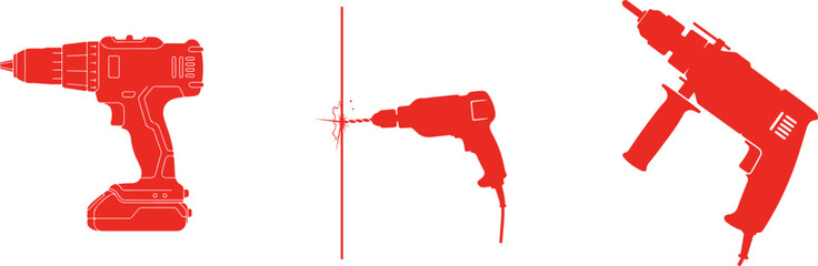 Red Icons Of Power Drills One Drilling Through A Wall cordless drill electric drill