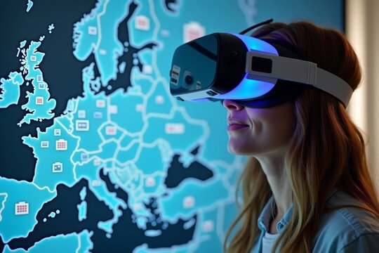 A woman in virtual reality goggles exploring a digital city map with available apartments for rent