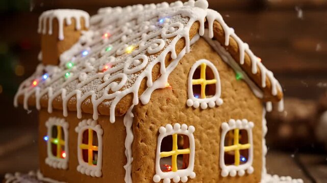 Festive Gingerbread House - A decorated gingerbread house sits on display, complete with icing details on the roof, windows, and chimney.
