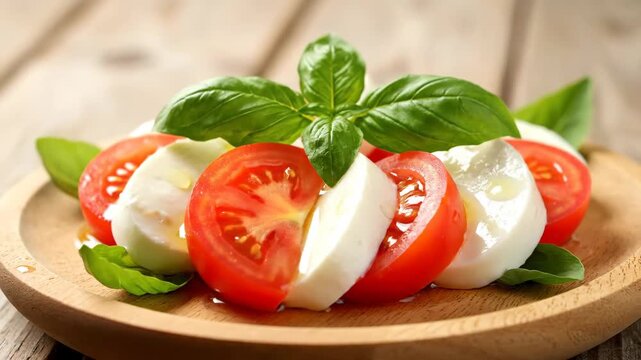 Fresh Caprese Salad on Wooden Plate - A close-up of Caprese salad featuring slices of fresh red tomatoes alternating with white mozzarella, topped with vibrant green basil leaves on a light brown