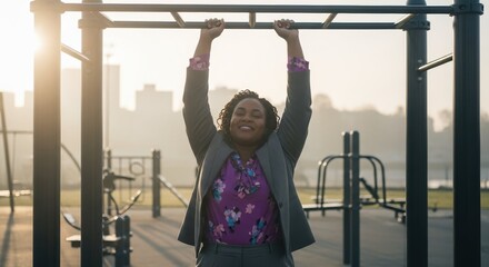 Fototapeta premium Smiling African woman in business suit hanging on pull-up bar in outdoor gym at sunrise, concept of work life balance, strength, motivation and success