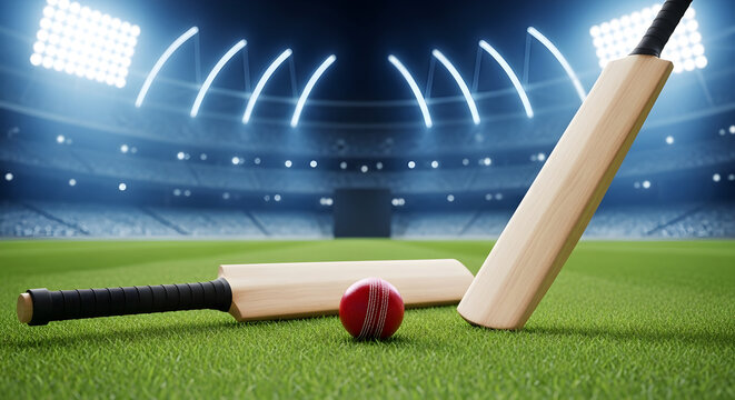 Cricket bats and ball on field under stadium lights