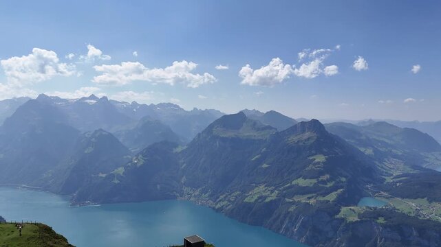 Panoramic view from Fronalpstock mountain in Switzerland with Swiss Alps and lakes