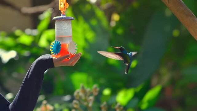 Mujer sostiene un bebedero mientras el colibr&iacute; aletea suavemente paa beber