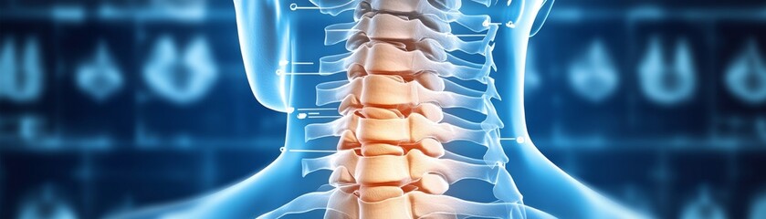 Cervical Spine X-Ray Detailed Anatomical View on Blue, spinal, healthcare