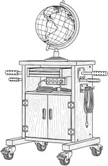 Mobile Globe Cart with Storage and Electrical Outlets.