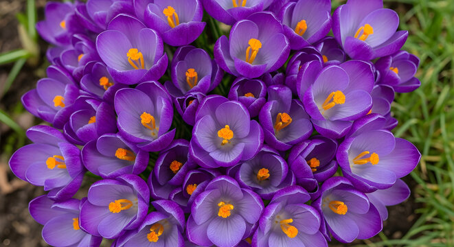 A close up view of vibrant purple crocus flowers blooming in spring